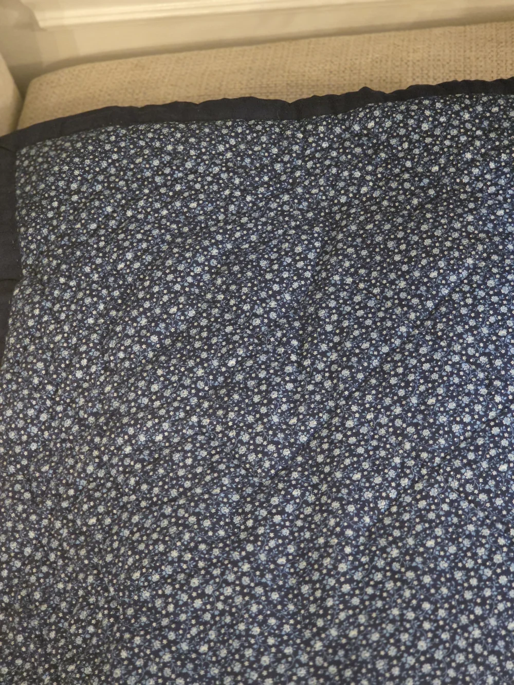 Patchwork Navy and Cream Quilt with Blue and Coral Accents